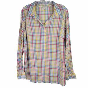 Talbots Shirt Womens Plus Size 2X Pink Yellow Blue Spring Plaid Muslin LS Button